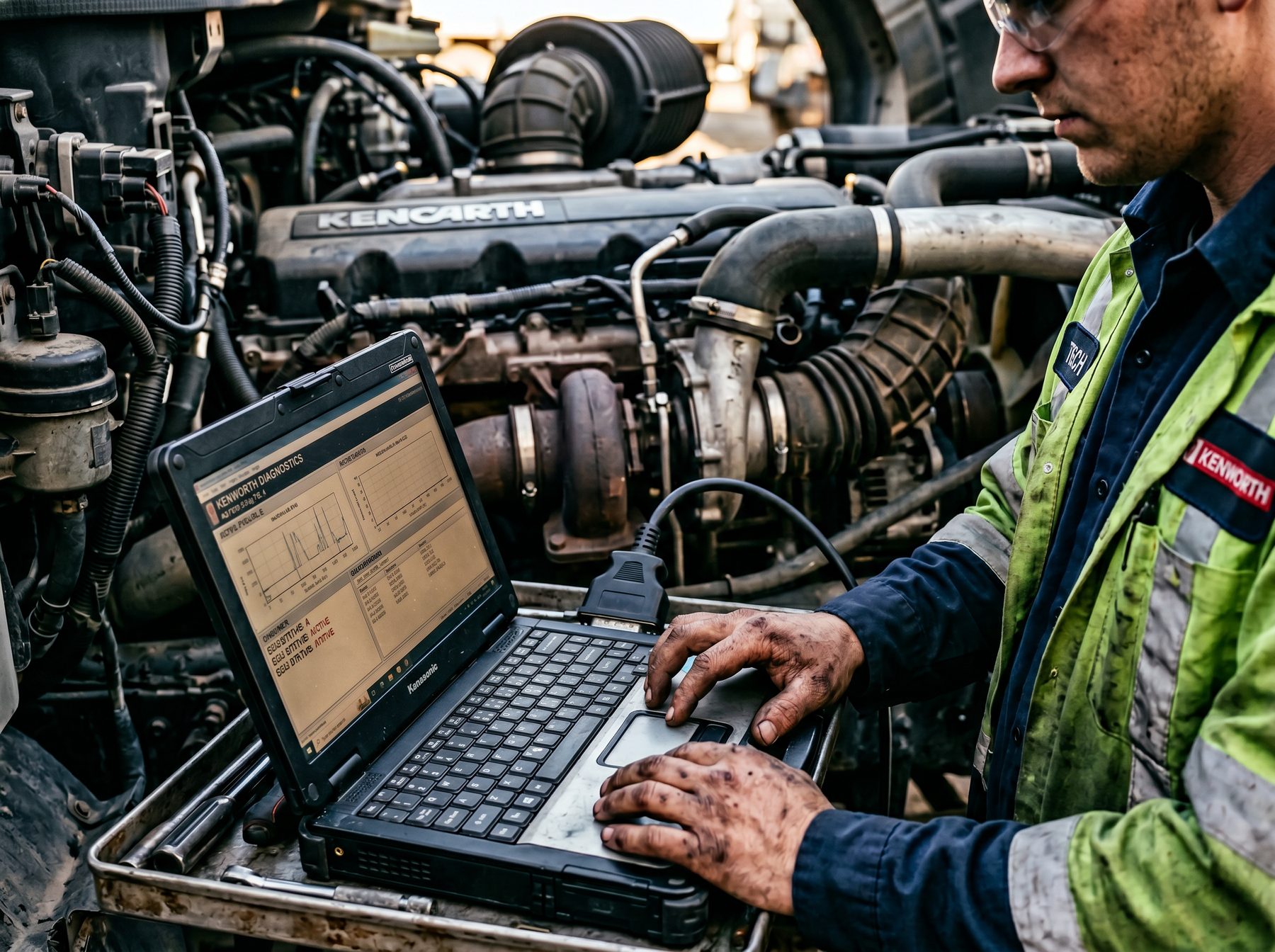 Diagnostic laptop connected to a heavy-duty truck engine ECM