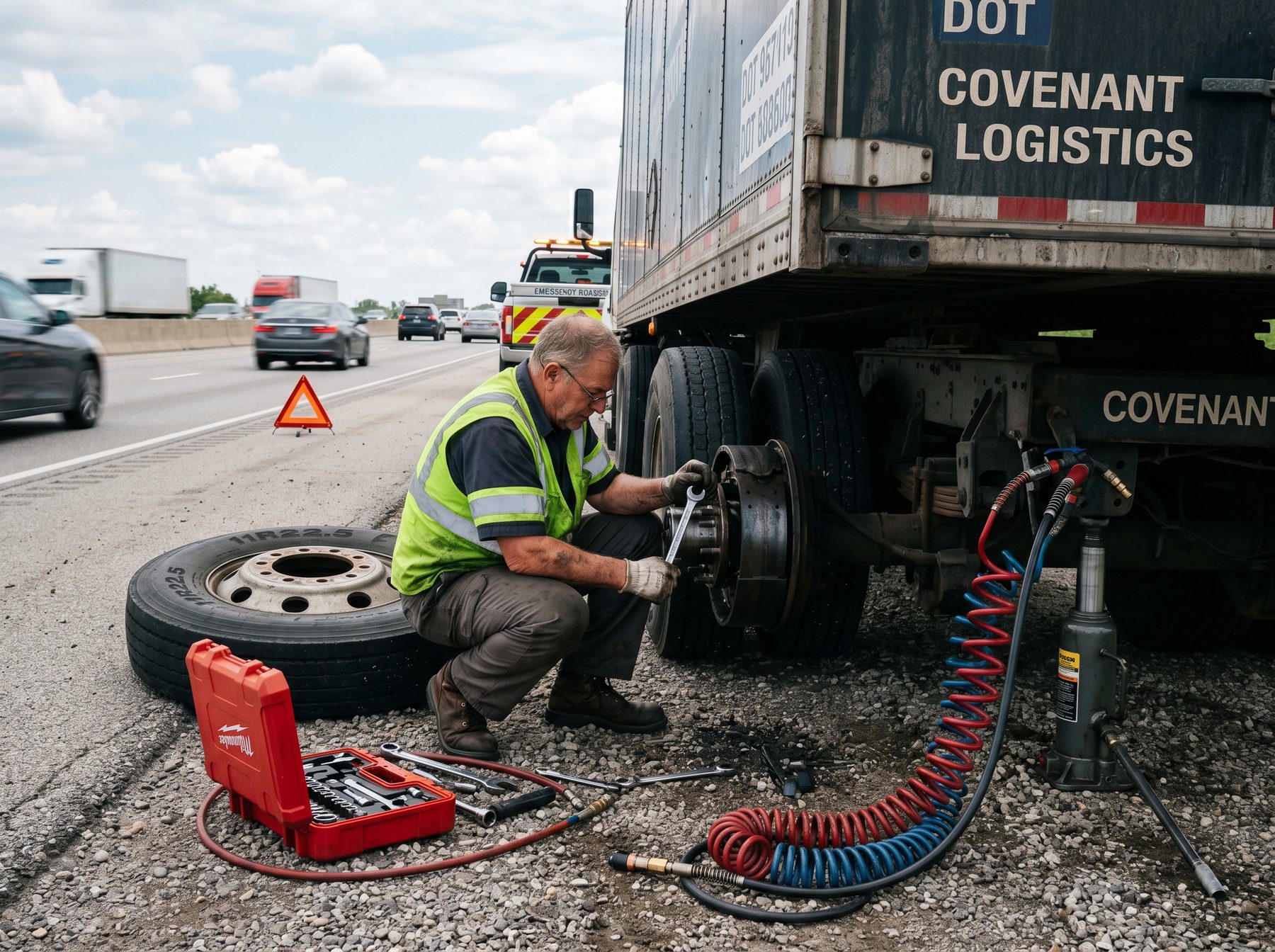 Mobile mechanic repairing the brake system on a heavy freight trailer on the highway shoulder
